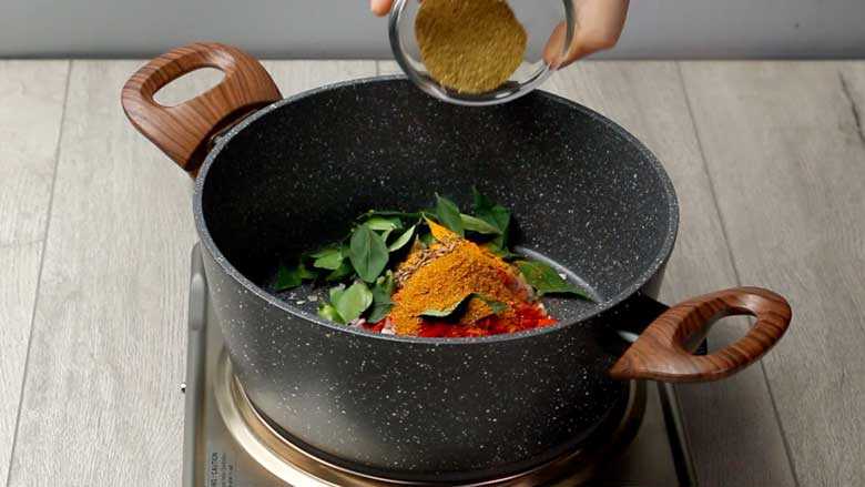 Add spices to make the base - Spicy Prawn Roast Kerala Style Recipe