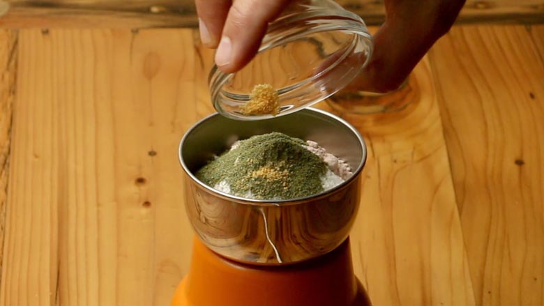 Add all other ingredients including dried mango powder (amchur), black salt (kala namak), mint powder, and asafoetida (hing) - Chaat Masala Recipe