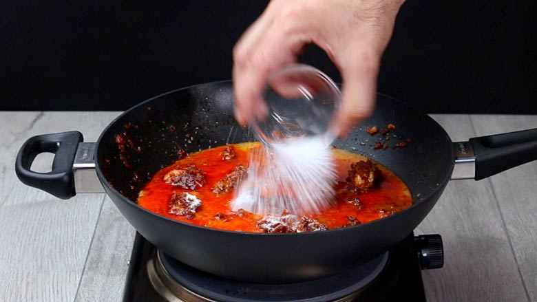 Reduce heat to medium, add thin coconut milk, 120 ml water, and salt - Chicken Gassi Recipe - Mangalorean Chicken Curry