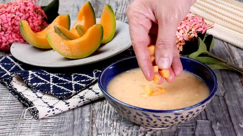Garnish with diced muskmelon or use a melon baller to garnish with small balls of melon - Muskmelon Payasam Recipe