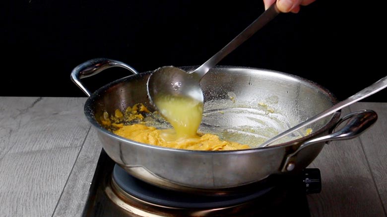 Slowly add ghee – ¼ cup at a time – stirring for about 1 minute between each addition - Besan Prasad Recipe
