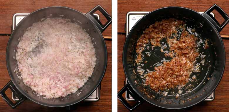 Toss cumin seeds into oil and stir till they start to darken in colour. Add chopped onion and sauté till the onion turns a dark golden brown - Green Peas Masala Recipe