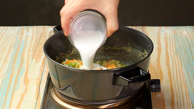Place kootu back on heat and add coconut milk - Mixed vegetable Kootu Recipe