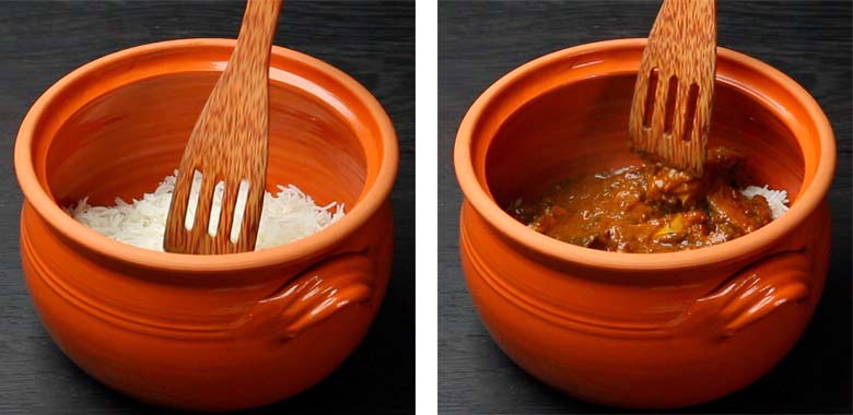 Assemble the Hyderabadi mutton biryani: Pour 1/4th of the ghee-oil mixture from frying onions into the bottom of the handi . Divide rice in two part and layer one part into the biryani handi. Spread the mutton masala on the rice - Hyderabadi Dum Biryani Recipe