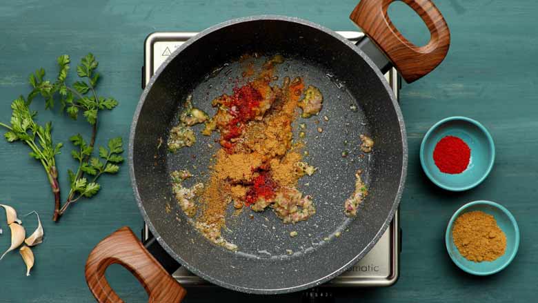 Add turmeric powder, cumin powder, red chilli powder, and coriander powder and stir to mix - Aloo Chop Recipe