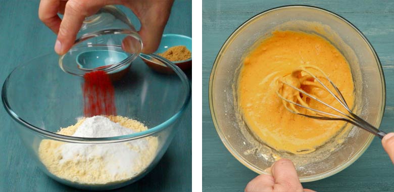 Place dry ingredients in a bowl, add water, and whisk well to make a smooth and thick batter - Aloo Chop Recipe