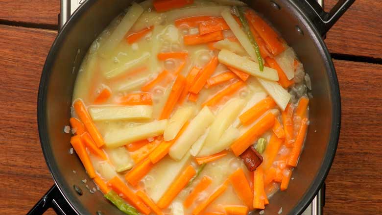 Turn heat to low and simmer for 4 to 6 minutes - Vegetable Stew Recipe Kerala Style