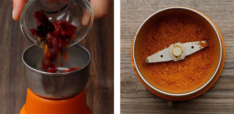 Grinding roasted spice masalas in a orange spice grinder to make masala powder for Tamarind Rice