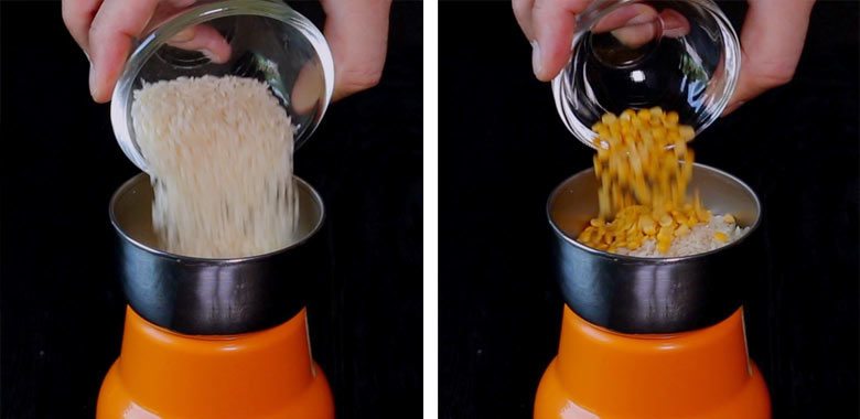 Medium grained raw rice and pigeon peas (toor dal) being added to a small orange-coloured dry grinder for Rice Upma - Rice Upma Recipe