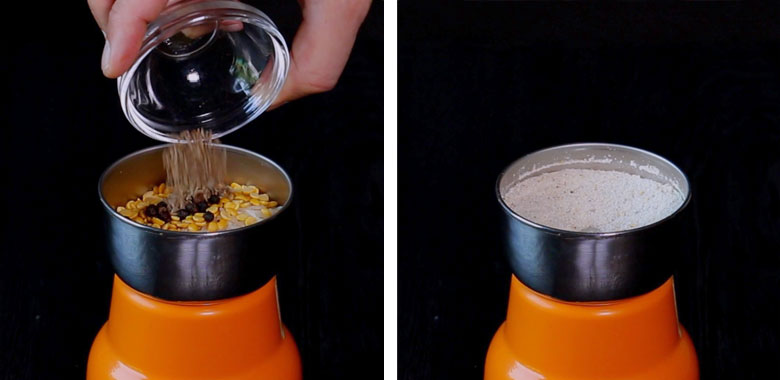 Cumin seeds being added to a small orange-coloured dry grinder on the left and the finished ground rice mixture in the grinder on the right - Rice Upma Recipe