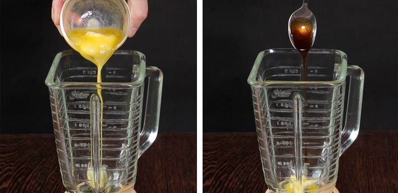 Melted butter and vanilla extract being added to the glass bowl of a blender to make condensed milk - Homemade Condensed Milk Recipe