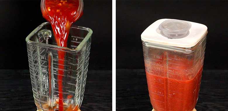 Cooked vegetables and soup are being poured into a glass jar of a blender on the left and then being blended on the right - Borscht Soup Recipe
