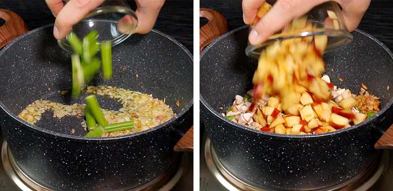 A hand is seen adding celery to onions being sautéed in a black and white speckled non stick pan with two wooden handles on an electric stove on the left while diced apples are being added to the same non stick pan on the right - Borscht Soup Recipe