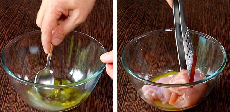 A hand is seen using a spoon to stir marinade in a large glass bowl on a dark wooden countertop on the left image while tongs are being used to coat the chicken with the marinade in the same bowl on the image on the right - Chicken Shawarma Recipe