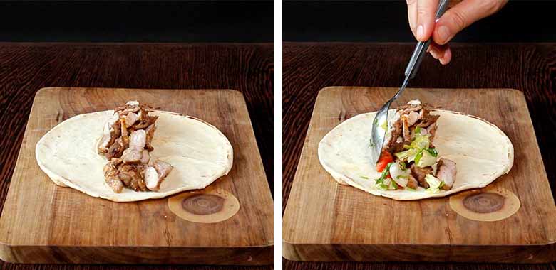 Lightly toasted Lebanese bread with a pile of grilled chicken in a 2-inch strip across the center lies of a wooden cutting board on a dark wood countertop in the left image while on the right the other stuffing ingredients like green salad are being added - Homemade Chicken Shawarma Recipe