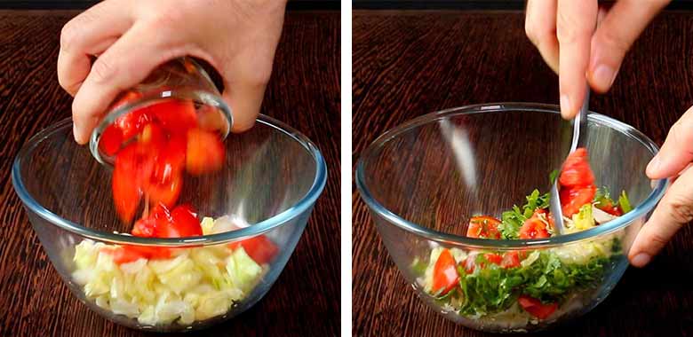 Chopped tomatoes are being tipped into a large glass bowl lying on a dark wooden countertop with shredded salad in it in the left image and a hand is seen holding the same glass bowl while the salad is being mixed and tossed with a fork in the image on the right - Homemade Chicken Shawarma Recipe