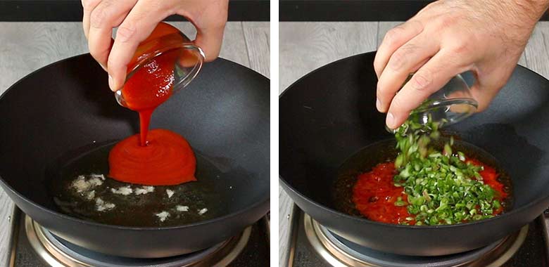 Tomato puree is being poured from a small glass bowl into sizzling garlic in olive oil in a black kadhai in the left image while spring onions are being added to the kadhai in the image on the right - Chilli Potato Salad recipe