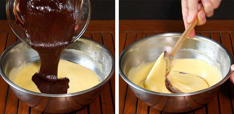 The left image shows the lightened chocolate being poured into the egg mixture in a large metallic mixing bowl while in the image on the right the chocolate and eggs are being gently folded - Chocolate Lava Cake Recipe