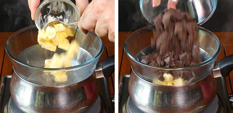 A hand is seen tipping butter into a heatproof glass bowl over a pan of simmering water acting as a double boiler in the left image. Chocolate is seen being added to the same glass bowl in the image on the right. The pan lies on a metallic electric stove on a slatted wood counter - Chocolate Lava Cake Recipe