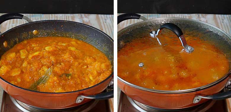 Dilli wali aloo are simmering in an orange and black nonstick pan with two handles on a natural wooden surface with blue streaks in the left image while the same kadhai is covered with a glass lid in the image on the right - Delhi style Aloo Curry Recipe