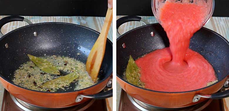 Whole spices and chopped onion is being sautéed in an orange and black nonstick kadhai in the left image while fresh tomato puree is being poured into the same kadhai in the image on the right - Delhi style Dilli Wali Aloo Curry Recipe
