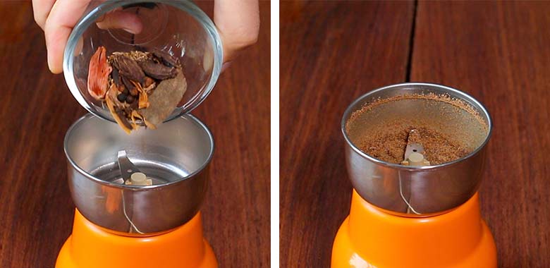 The left image shows the roasted whole spices being tipped into a small orange and steel coloured spice grinder while the image on the right shows the ground spices in the grinder - Gobi Shalgam Achar Recipe
