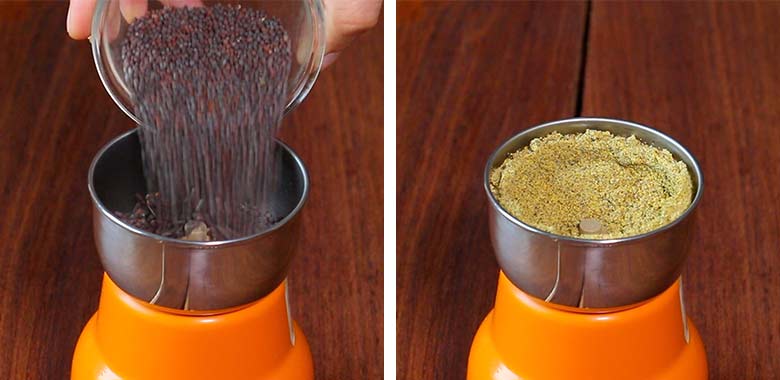 The left image shows black mustard seeds being tipped into a small orange and steel coloured spice grinder while the image on the right shows the ground mustard powder in the grinder - Gobi Shalgam Achar Recipe