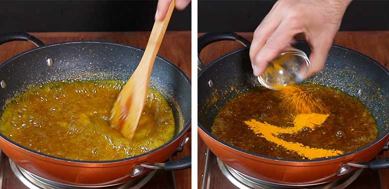 The image on the left shows a wooden spatula stirring the golden brown onion garlic ginger masala cooked in mustard oil in a non stick orange pan while the image on the right shows a hand tipping a small glass bowl to add turmeric to the masala in the pan - Gobi Shalgam Achar Recipe - onion garlic ginger masala