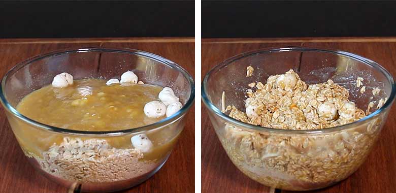 The left image shows that the honey banana mixture has been poured over dry granola ingredients in a large glass bowl, while the right image shows the wet and dry ingredients have all been mixed together in the glass bowl. All on a wooden table - Granola Recipe - Honey Banana Nut Crunch Cereal