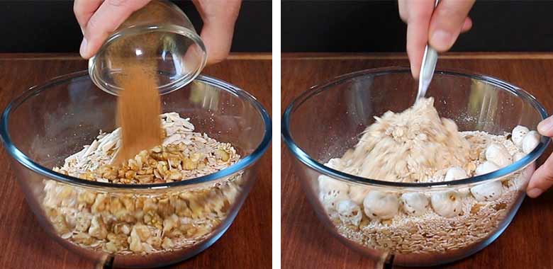 The left image shows a hand tipping cinnamon powder into a larger glass bowl with dry granola ingredients in it. While the right image shows the ingredients being mixed with a spoon. The bowls lie on a wooden surface - Granola Recipe - Honey Banana Nut Crunch Cereal