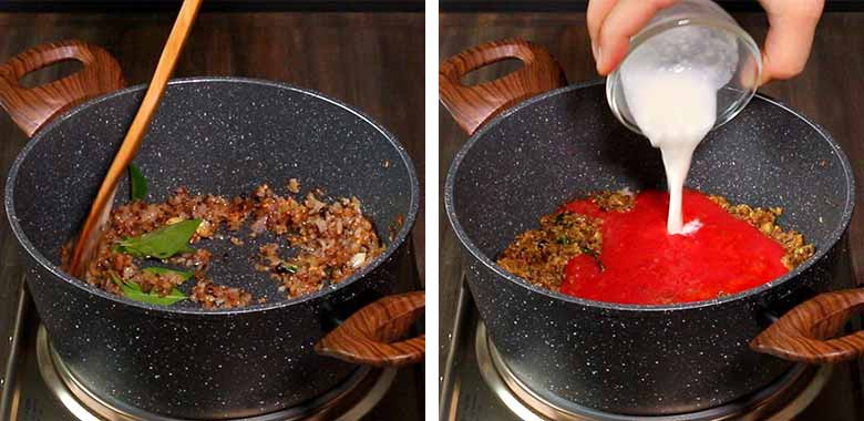 A spatula stirs browned onions and curry leaves in a speckled black and white nonstick pan with two large wooden handles on the left side of the image while yogurt is pouring ed into the onion and tomato puree mixture in the same pan on the right side of the image - Green Chilli Egg Curry Recipe