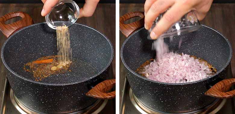 A hand is seen tipping black gram or urad dal into a tempering of whole masalas in a speckled black and white pan with two large wooden handles on a steel electric stove over a dark wooden countertop on the left side while onion is added to the same pan on the right side of the image - Green Chilli Egg Curry Recipe