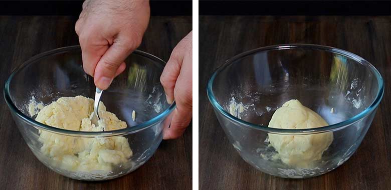 The left image shows a hand using a spoon to mix the gulab jamun khoya dough mixture to bring it together and the right image is a large ball of ready dough in a glass bowl on a wooden table - Gulab Jamun recipe with khoya