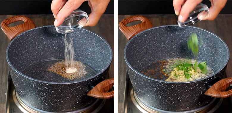 Spices including cumin, asafoetida, and green chillies being added to a speckled grey and white non-stick pan with two wooden handles over a stainless steel electric stove - Indian Green beans with Walnuts Recipe Caption: Temper spices and aromatics like cumin, asafoetida, and green chillies in oil