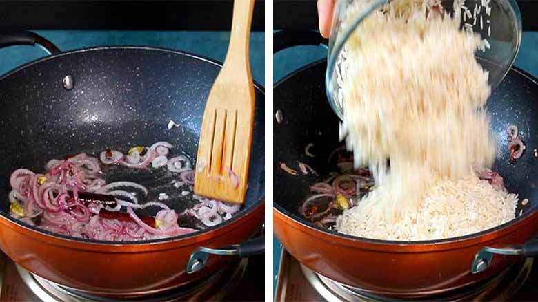 A and B: A spatula is seen stirring sliced onions in an orange non stick pan on the left side while soaked and drained rice is being tipped into the same pan on the right side - Kerala Ghee Rice with California Walnuts Recipe