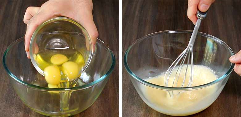 On the left side, eggs are being tipped into a large glass bowl on a brown wooden table while on the right the eggs are being beaten with a balloon whisk - Lagan Nu Custard Recipe