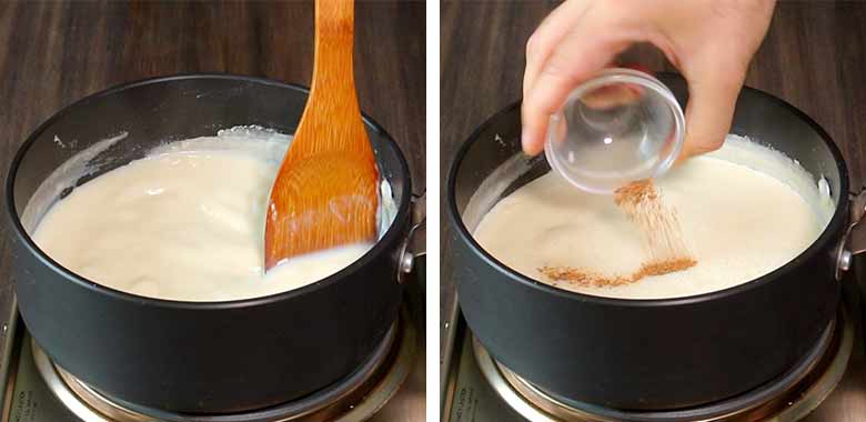A spatula is seen stirring milk in a black non stick saucepan while simmering the milk in the left image and powdered cinnamon is being added to the reduced milk in the image on the right - Lagan Nu Custard Recipe