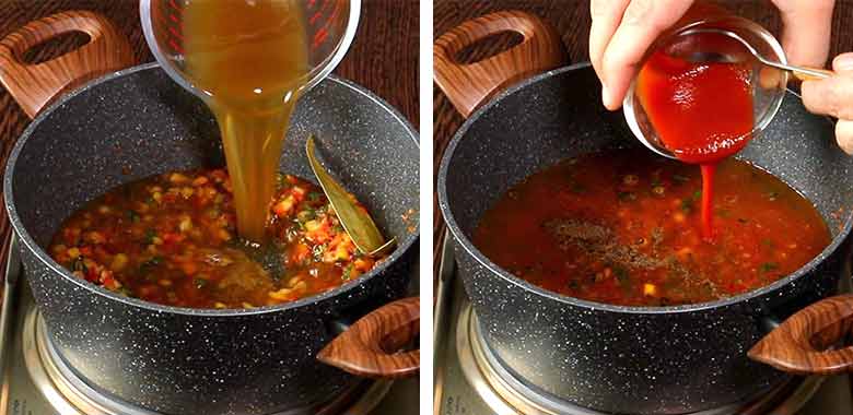 Vegetable stock is being poured into sautéed vegetables in a grey speckled non stick pan in the left image while tomato paste is added to the soup base in the same pan from a small glass bowl in the image on the right side - Minestrone Soup Recipe