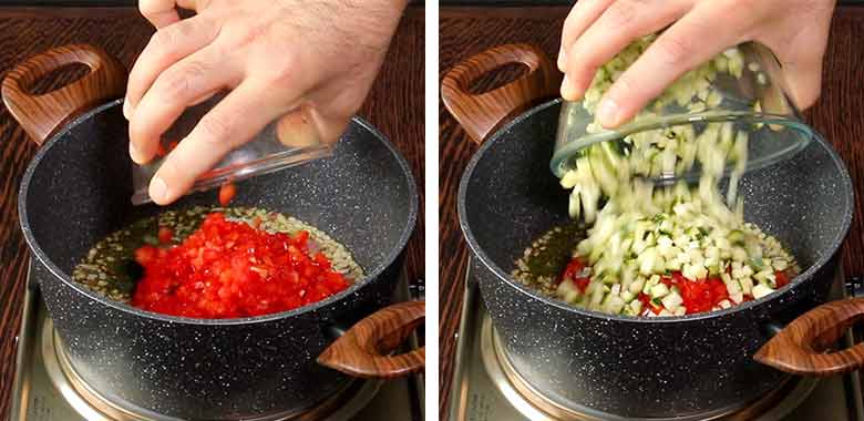 A hand is seen tipping chopped tomatoes into the onions sautéing in the non stick grey speckled pan with two wooden handles in the left image while diced zucchini is being added to the pan in the image on the right - Minestrone Soup Recipe