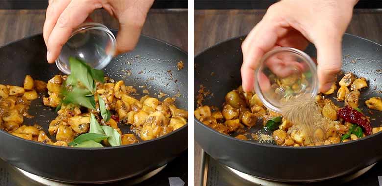 A hand is seen adding fresh curry leaves from a small glass bowl to a non stick pan with mushrooms sautéing in it on the left side while black pepper is being added to the pan on the image on the right side - Mushroom Pepper Fry Recipe