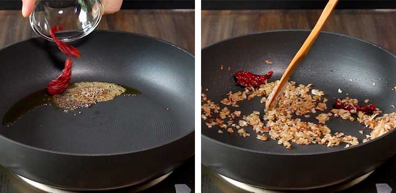 Whole spices, red chillies, and onions being sautéed in a large non stick pan with one handle to create a base for the mushrooms - Mushroom Pepper Fry recipe