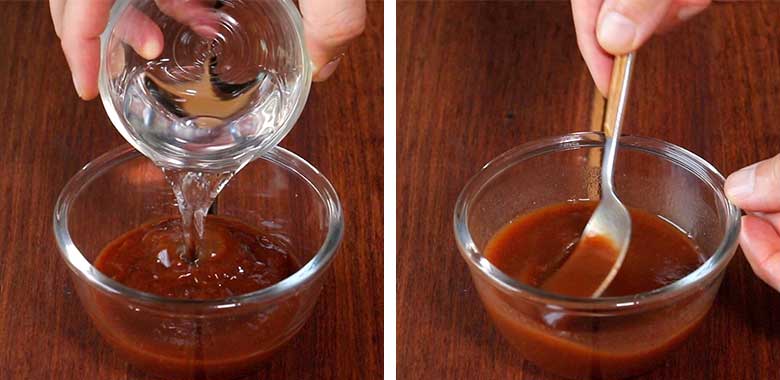 The image on the left shows water being poured into thick meetha chutney in a small glass bowl to dilute it, while diluted meetha chutney is being stirred with a spoon in the glass bowl on a wooden surface in the image on the right - Pani Puri Golgappa Recipe