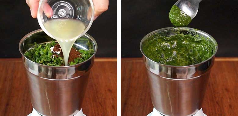 The left image shows ingredients including lime juice being poured into a metallic grinder to make teekha chutney while the image on the right shows a spoon checking the consistency of the ready teekha chutney - Pani Puri Golgappa Recipe