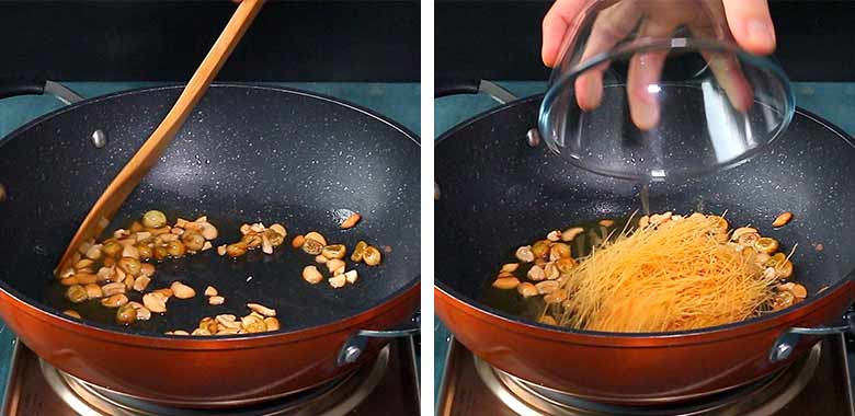 Peanuts and raisins are sautéed in an orange and black nonstick pan on a blue counter top in the left image while vermicelli - semiya - are being added to the pan to roast in the image on the right - Semiya Payasam Recipe