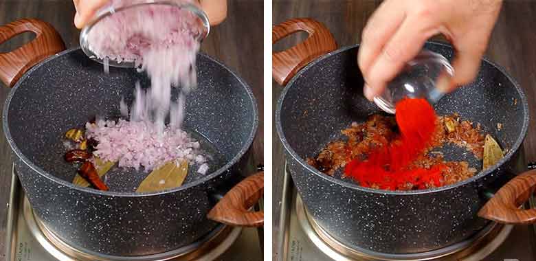 The masala for soya chaap masala being prepared with onion being added to the whole spices in the left image and red chilli powder being added to the browned onions on the right - Soya Chaap Curry Recipe