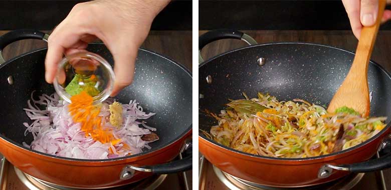 A hand is seen adding turmeric and other spice powders to sliced onions on the left and then stirring the mixture with a wooden spatula in an orange and black nonstick pan with two handles on a metallic electric stove in the image on the right - Spicy Meat Curry Recipe Mirch Kaliya