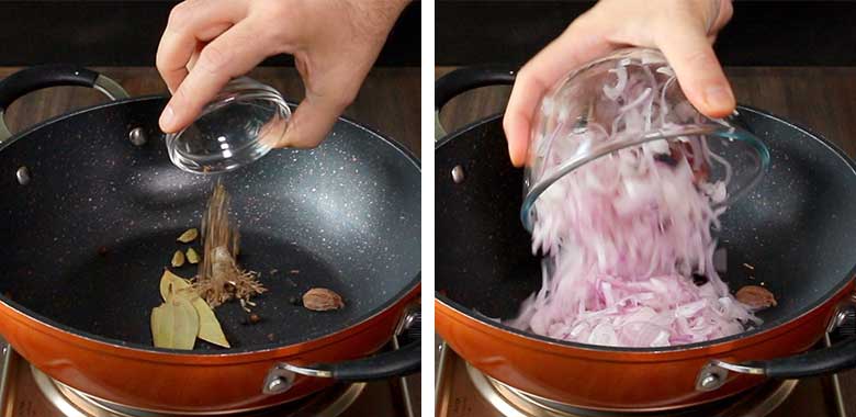 Adding wholes spices and finely sliced onions to an orange and black nonstick pan on a metallic electric stove on a wooden table - Spicy Meat Curry Recipe Mirch Kaliya