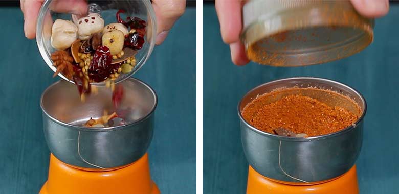 The left image shows the dry roasted masalas being tipped into a orange and stainless steel spice grinder from a small glass bowl and on the right the finely powdered ground masala spice powder in the same spice grinder - Taar Gosht Recipe - Rampuri Mutton Curry