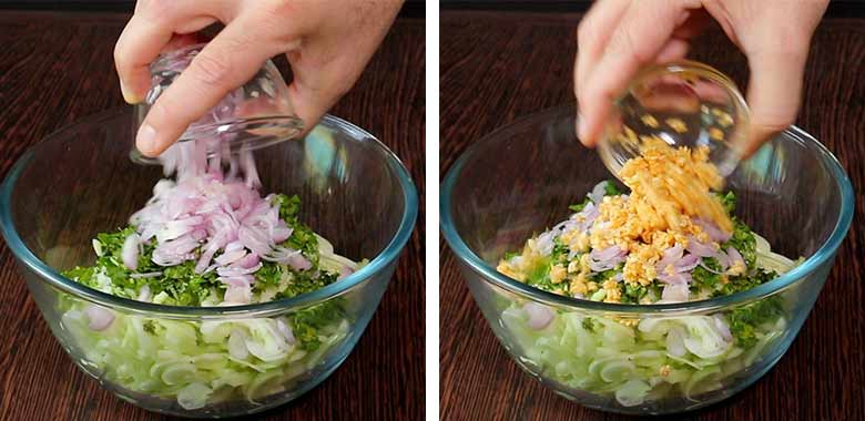 A hand is seen tipping chopped shallots onto coriander leaves and sliced cucumber in a glass bowl lying on a grained wooden table on the left while fried garlic is being added to the same bowl in the image in the right - Thai Cucumber Salad recipe