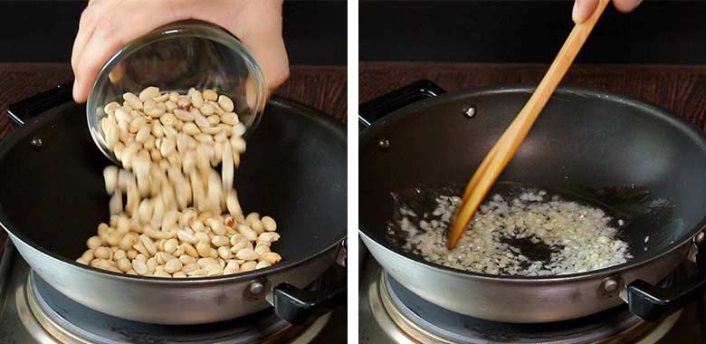 The image on the left shows a hand tipping peanuts from a glass bowl into a wok to dry roast on an electric stove on a wooden table while the image on the right shows a wooden spatula sautéing garlic till golden in the same wok - Thai Cucumber Salad recipe